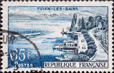 France - circa 1957: a postage stamp from France , showing the landscape of Lake Geneva with the...