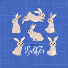 Happy easter. Spring set of beige rabbit. Cute flat vector illustration on purple background.