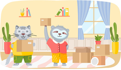 Animals moving to new house put things in cardboard boxes, change of place of residence. Moving to new apartment, relocation. Sloth and cat settle down in habitat and decorate modern interior