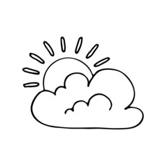 The weather is cloudy with sun. Vector doodle cloud. Hand drawn meteorological forecast symbols. Sunny thin line web design icon.