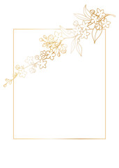 Decorative template with a rectangular frame with a bouquet of blooming branches of spring flowers for holiday design cards, congratulations, flyers, letterheads. Freehand drawing, golden gradient.