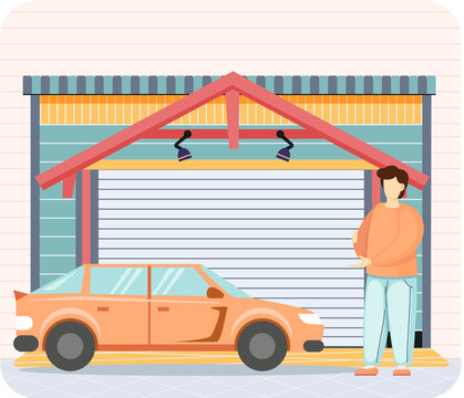 Man stands near garage with automatic gates. Vehicle storage space, room for cars. Gates with lifting mechanism, place for automobile parking. Yellow car near garage in modern residental building