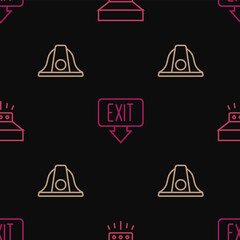 Set line Fire sprinkler system, Firefighter helmet and exit on seamless pattern. Vector