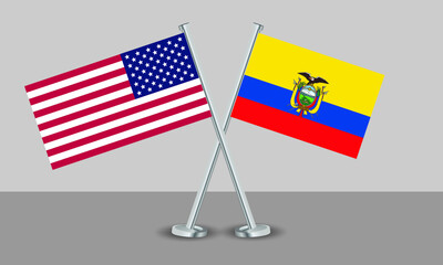 Crossed flags of United State of America (USA) and Ecuador. Official colors. Correct proportion. Banner design
