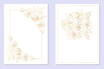 Set of decorative frame postcard templates with bouquets of peony flowers for holiday design cards, congratulations, flyers, letterheads. Freehand drawing, golden gradient.