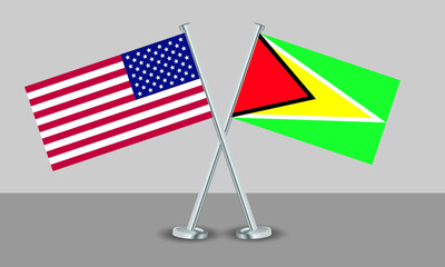 Crossed flags of United State of America (USA) and Guyana. Official colors. Correct proportion. Banner design
