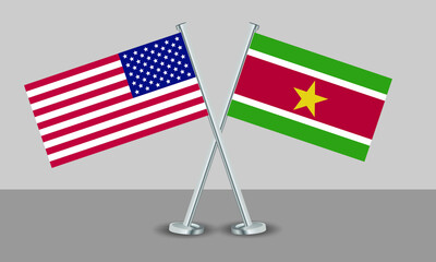 Crossed flags of United State of America (USA) and Suriname. Official colors. Correct proportion. Banner design
