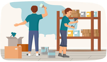 Obraz premium Men moving to new house change place of residence. Rental of premises, redecorating concept. Male characters settle down after moving to home. People make repairs in new apartment, paint walls