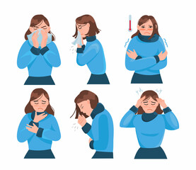 A woman with symptoms of a viral or allergic disease. Reaction to inflammatory processes in the body, cough, runny nose, sore throat and headache. covid 19, omicron.