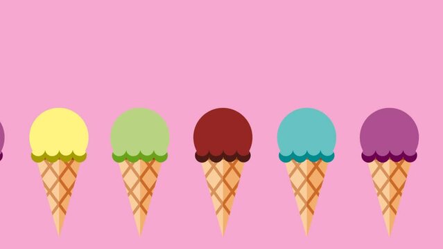 Flowing ice creams on a pink background, cream ball on cone shaped waffle . Seamless loop motion. Copy space for your text