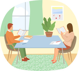 Reading people flat character set with books magazines literature isolated vector illustration. Young male and female readers dressed in trendy clothes relaxing at home with books or textbooks