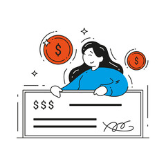 Happy woman with salary paycheck legal deal agreement signature vector flat illustration. Female holding financial banking payment document income wealth isolated. Receive pay wage - obrazy, fototapety, plakaty