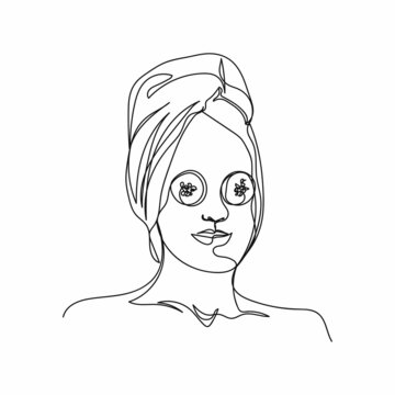 recommend clip art: Continuous one simple single abstract line drawing of female on towel head and cucumber slices on eyes icon in silhouette on a white background. Linear stylized.
