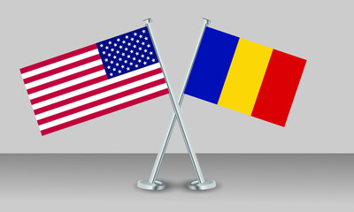 Crossed flags of United State of America (USA) and Romania. Official colors. Correct proportion. Banner design
