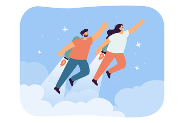 Fototapeta na wymiar Cartoon couple with jet packs or boosters up in sky. Man and woman flying fast with rockets, power or energy metaphor flat vector illustration. Business growth, career boost concept for banner