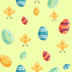 Vector seamless Easter pattern. decorative Easter eggs, chicks, on a yellow background for printing on fabric, scrapbooking paper, gift wrap and wallpaper.