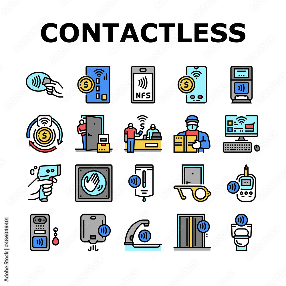 Poster contactless system technology icons set vector. contactless payment with card and smartphone nfc at 