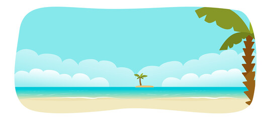 Fototapeta na wymiar Resort luxury sea beach with island view as travel holiday banner vector or summer ocean coastline nature landscape background for exotic paradise trip flat cartoon illustration copy space