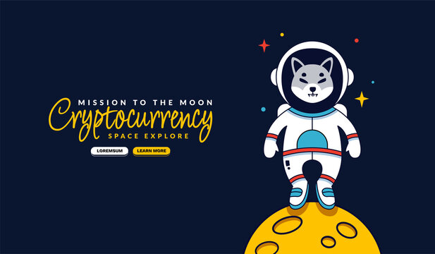 Shiba inu Astronaut standing on the Moon cartoon background, Mission to the moon background, Cryptocurrency mining and financial concept