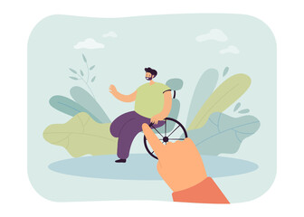 Hand pointing at cheerful cartoon man in wheelchair. Person with physical disability flat vector illustration. Disability, assistance, support concept for banner, website design or landing web page