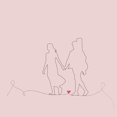 A couple in love walks along a path. Lineart for Valentine's Day. The guy holds his beloved's hand.
