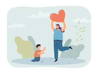 Little cartoon boy reaching for mother holding big heart. Woman playing with or taking care of son flat vector illustration. Family, love, relationship, childhood concept for banner, landing web page
