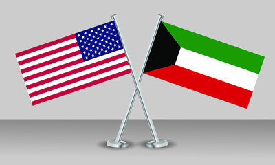 Crossed flags of United State of America (USA) and Kuwait. Official colors. Correct proportion. Banner design
