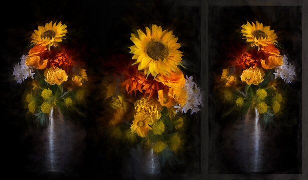 Triptych digital painting of flowers in a silver vase isolated against a black background.