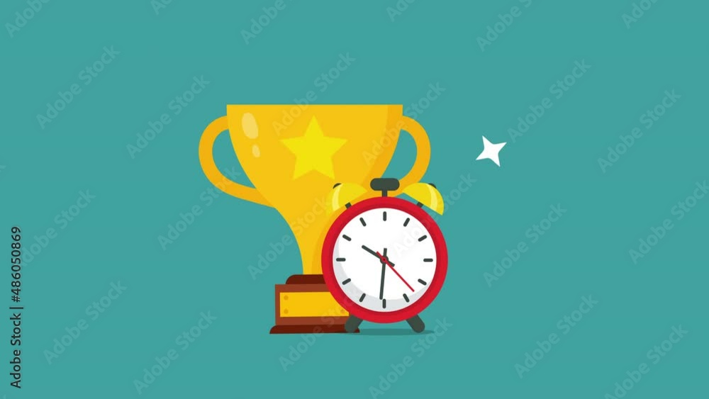 Poster alarm clock with golden cup concept animation.4k motion animation