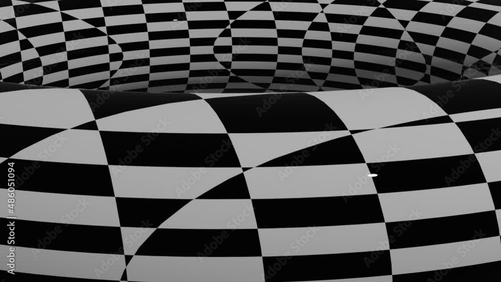 Wall mural black and white stripes waving surface with moving torus on top of it. modern isometric background l