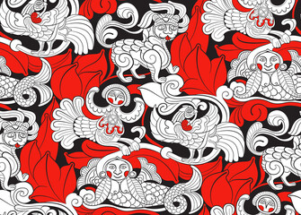 Seamless vector pattern with folk motifs and fabulous creatures