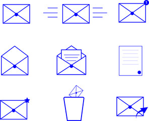 Correspondence line icons set in blue color, outline vector symbol collection, linear icon email, envelope, mailbox, mailing, postcard, chats