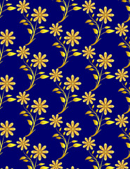 Pattern vector of decorative golden flowers on solid blue color