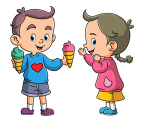 The happy couple girl and boy is holding two ice cream