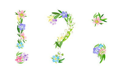 Floral punctuation marks. Exclamation, question mark and comma made of leaves and flowers cartoon vector illustration