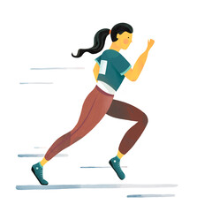 Fototapeta na wymiar Young woman with black hair running marathon. Flat illustration with textures on white background 