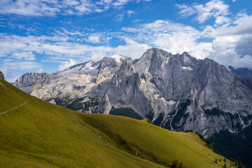 The great rock walls of the Marmolada massif.