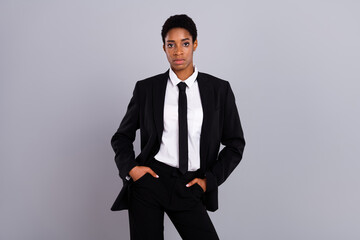 Photo of young girl guy hands in pocket tolerance leader wear modern look isolated over grey color...