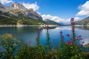 The wonderful landscape of Lago Fedaia in the Dolomites.