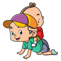 The little boy is playing on the brother's back