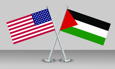 Crossed flags of United State of America (USA) and State of Palestine. Official colors. Correct proportion. Banner design
