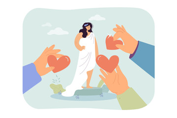 Hands of men offering hearts to beautiful woman in white dress. Girl getting attention or compliments flat vector illustration. Love, romance, Valentine day concept for banner or landing web page