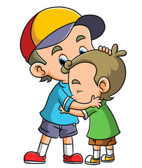 The happy little boy is hugging the big brother