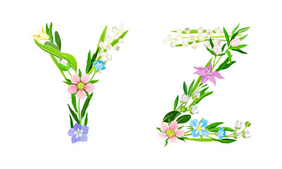 Y,Z uppercase letters made of leaves and flowers. Floral alphabet for wedding, invitation greeting card design cartoon vector illustration
