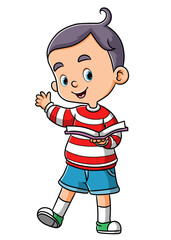 The clever boy is reading the book and waving the hand