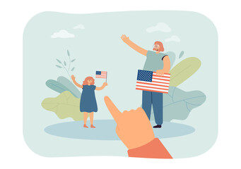 Hand pointing at girl holding USA flag. Mother and daughter with national symbol of America flat vector illustration. Patriotism, Independence day, celebration concept for banner, website design
