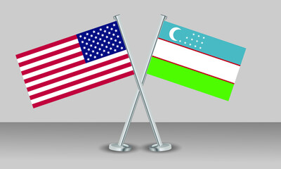 Crossed flags of United State of America (USA) and Uzbekistan. Official colors. Correct proportion. Banner design