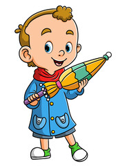 The little boy is bringing the umbrella in the rainy season