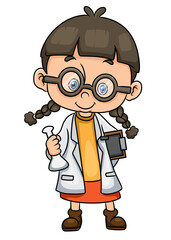 The little girl with the laboratory coat and holding the glass breaker