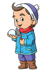 The cute boy is making a snowball with the shovel